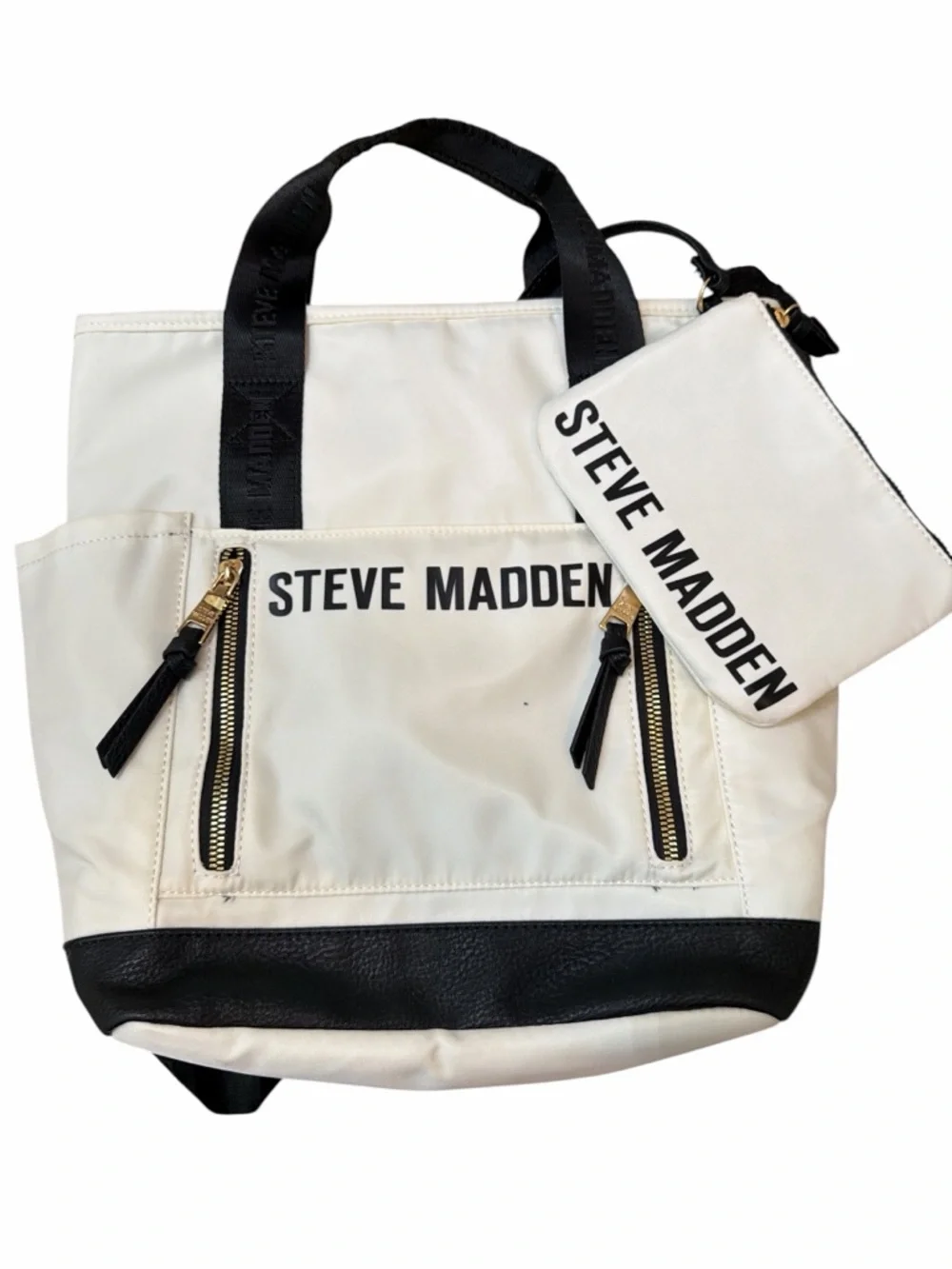 🖤 Steve Madden Travel Bag Backpack Convertible Tote Cream Black Large - Picture 10 of 11